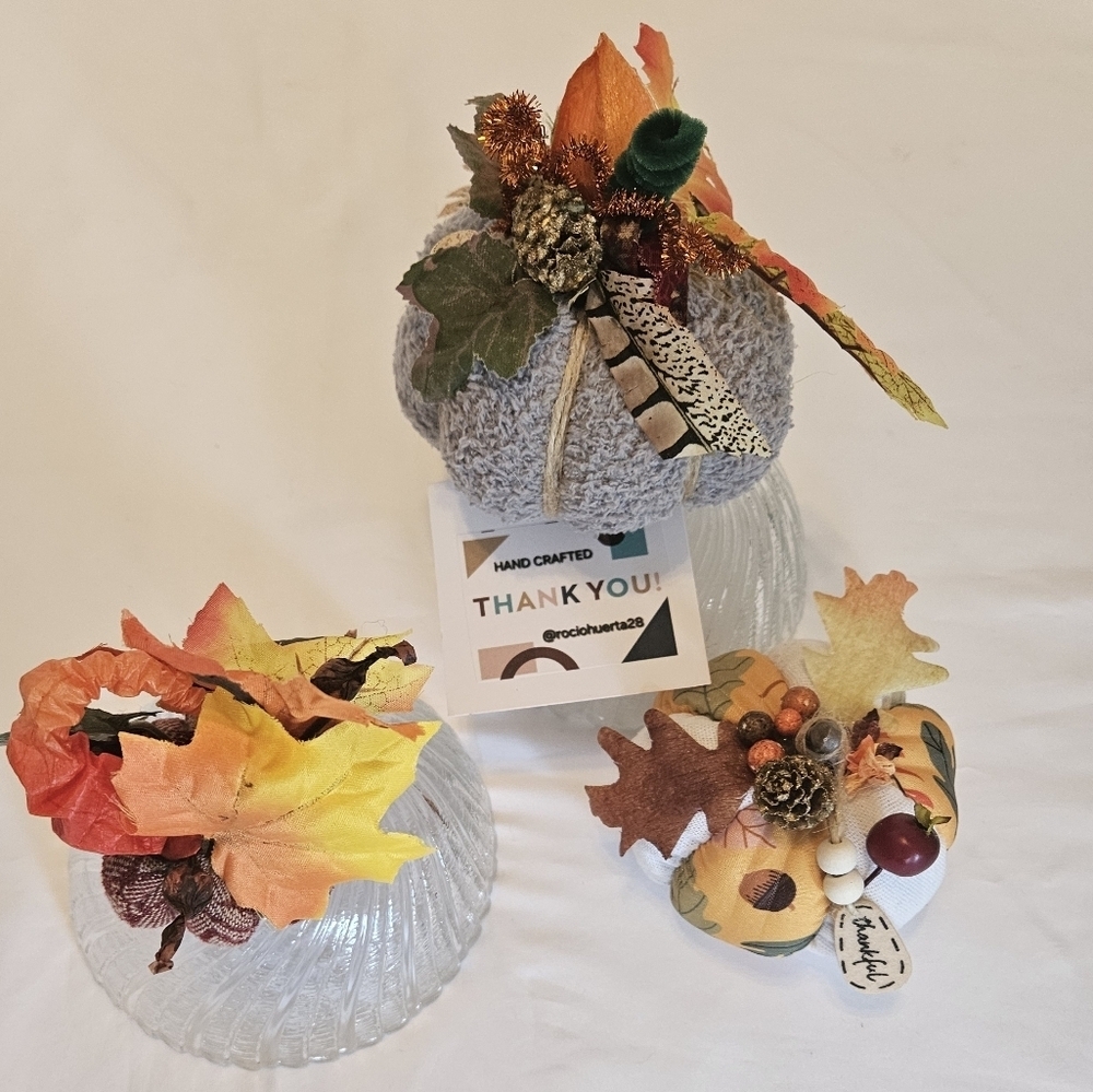 Hand Crafted Fabric Pumkins trio holiday decor harvest motif fall handmade art - Picture 5 of 16